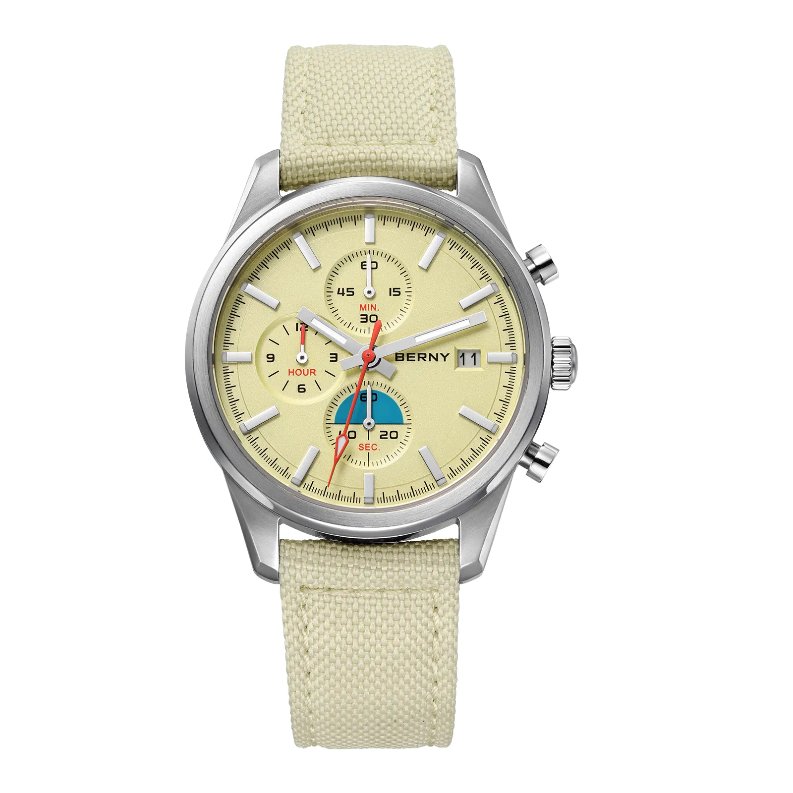 BERNY Men's Sports Chronograph Watch, Cream Dial & Beige Nylon Strap, Date Display