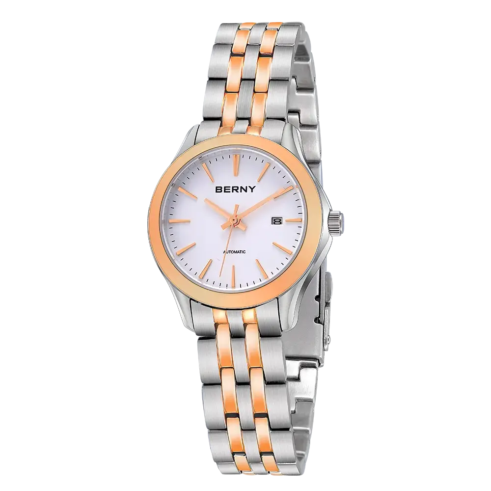 BERNY-AM013VL-SRG | Stainless Steel Case | Rose Gold Bezel | White Dial | Rose Gold Indices | Two-tone Rose Gold Stainless Steel Strap