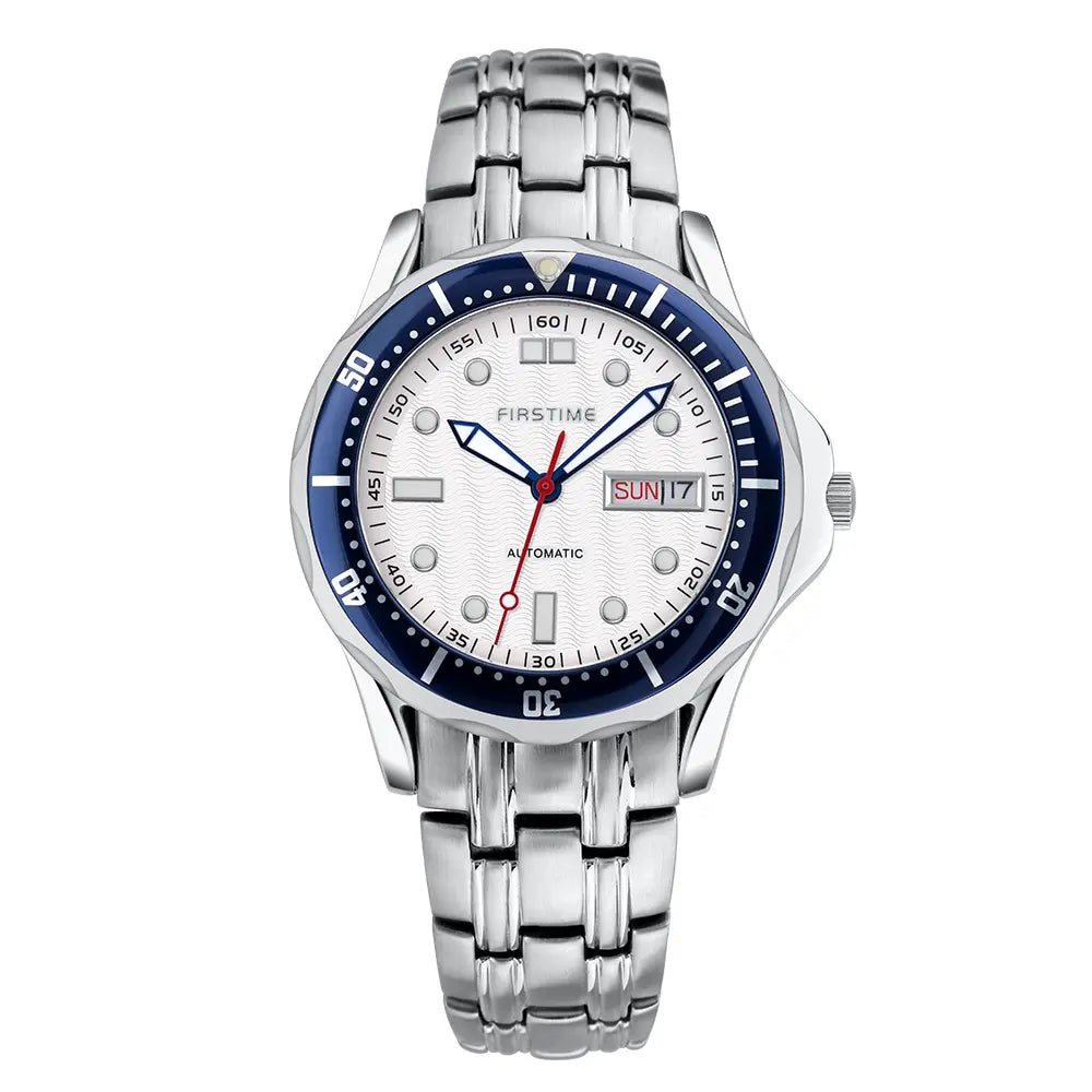 BERNY-Men Automatic Diver Watch-AM7097M-B | Stainless Steel Case | White Wavy Dial | Stainless Steel Strap