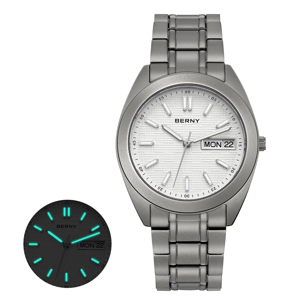 BERNY T2597MS titanium dress watch with white textured grid dial