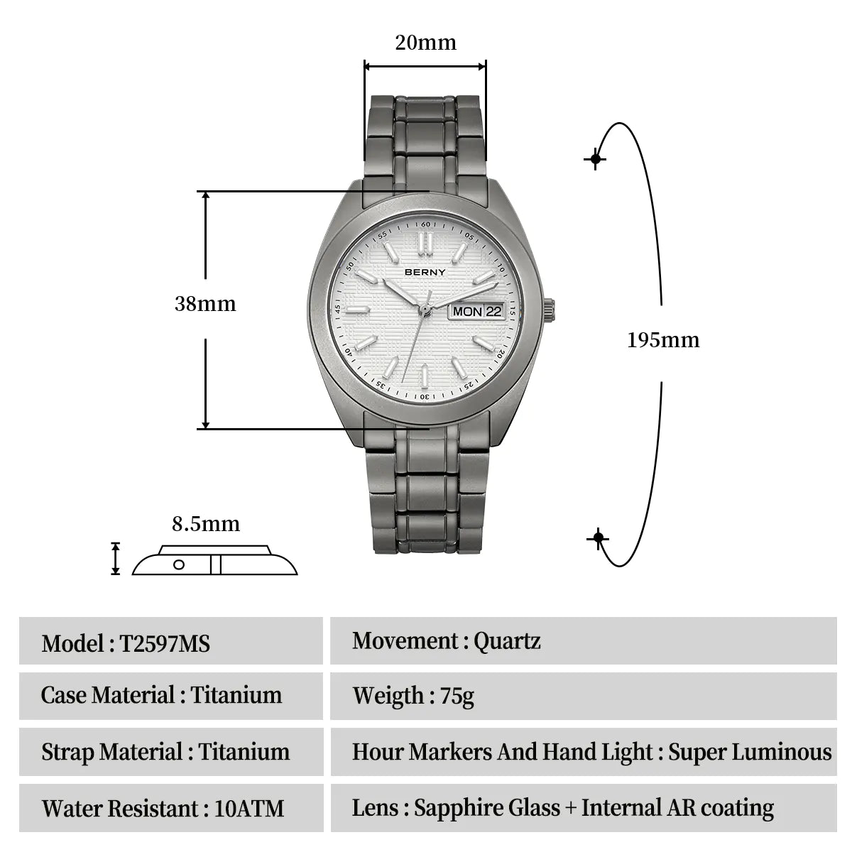 Dimensions and specifications of Berny wristwatch T2597MS 
