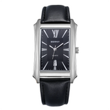 BERNY 2726M-A Wrist watch with black leather strap, rectangular black face and silver stainless steel case