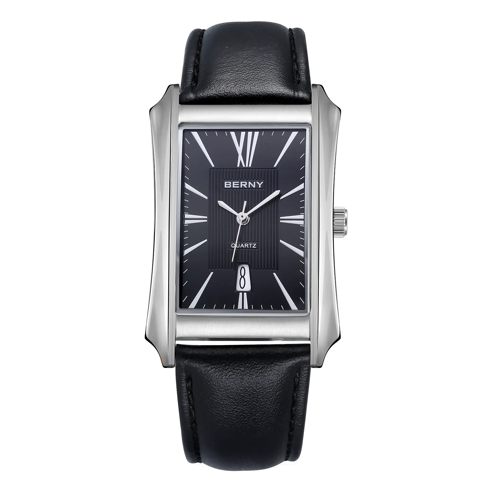 BERNY 2726M-A Wrist watch with black leather strap, rectangular black face and silver stainless steel case
