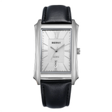 BERNY 2726M-B Wrist watch with black leather strap, rectangular white dial and silver stainless steel case