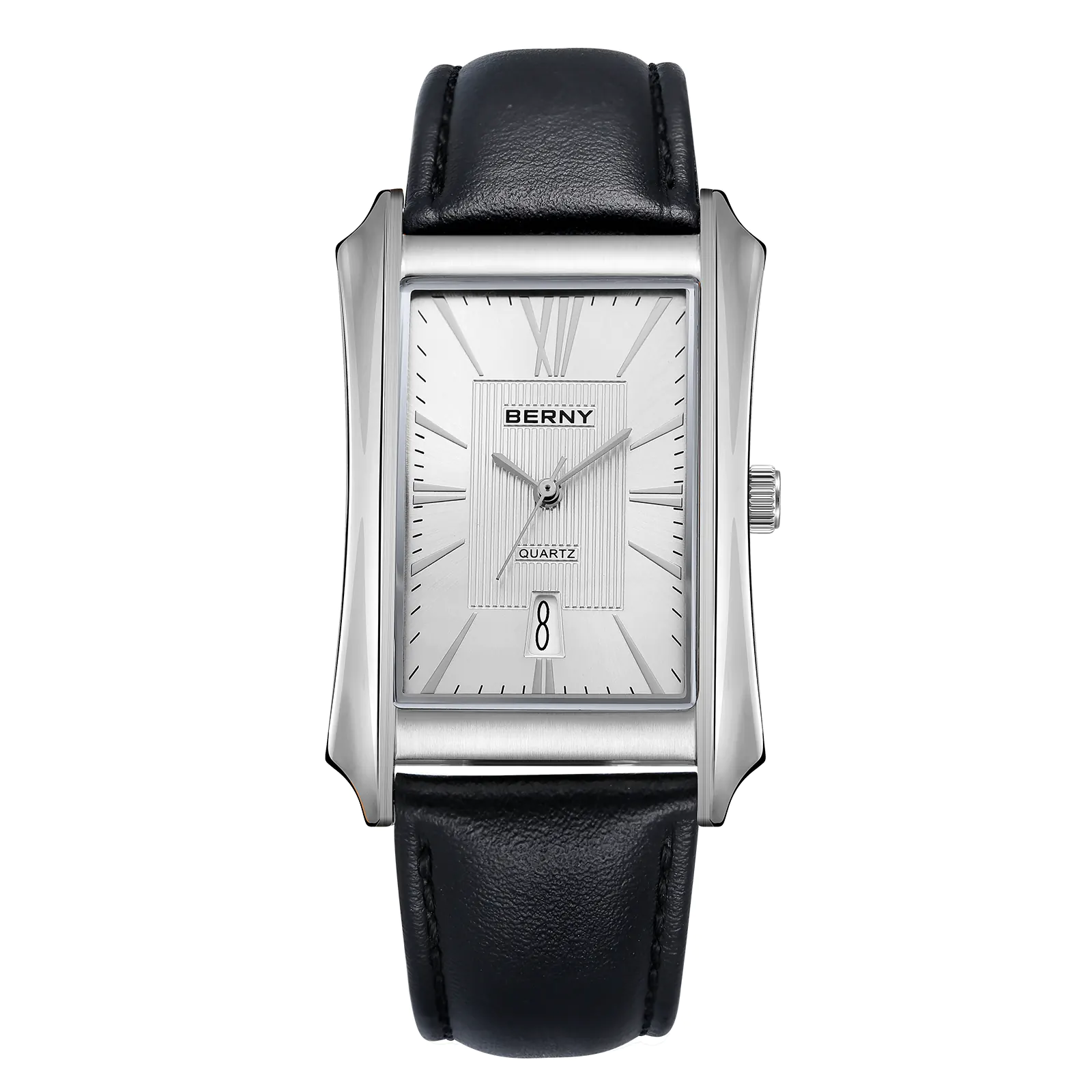 BERNY 2726M-B Wrist watch with black leather strap, rectangular white dial and silver stainless steel case