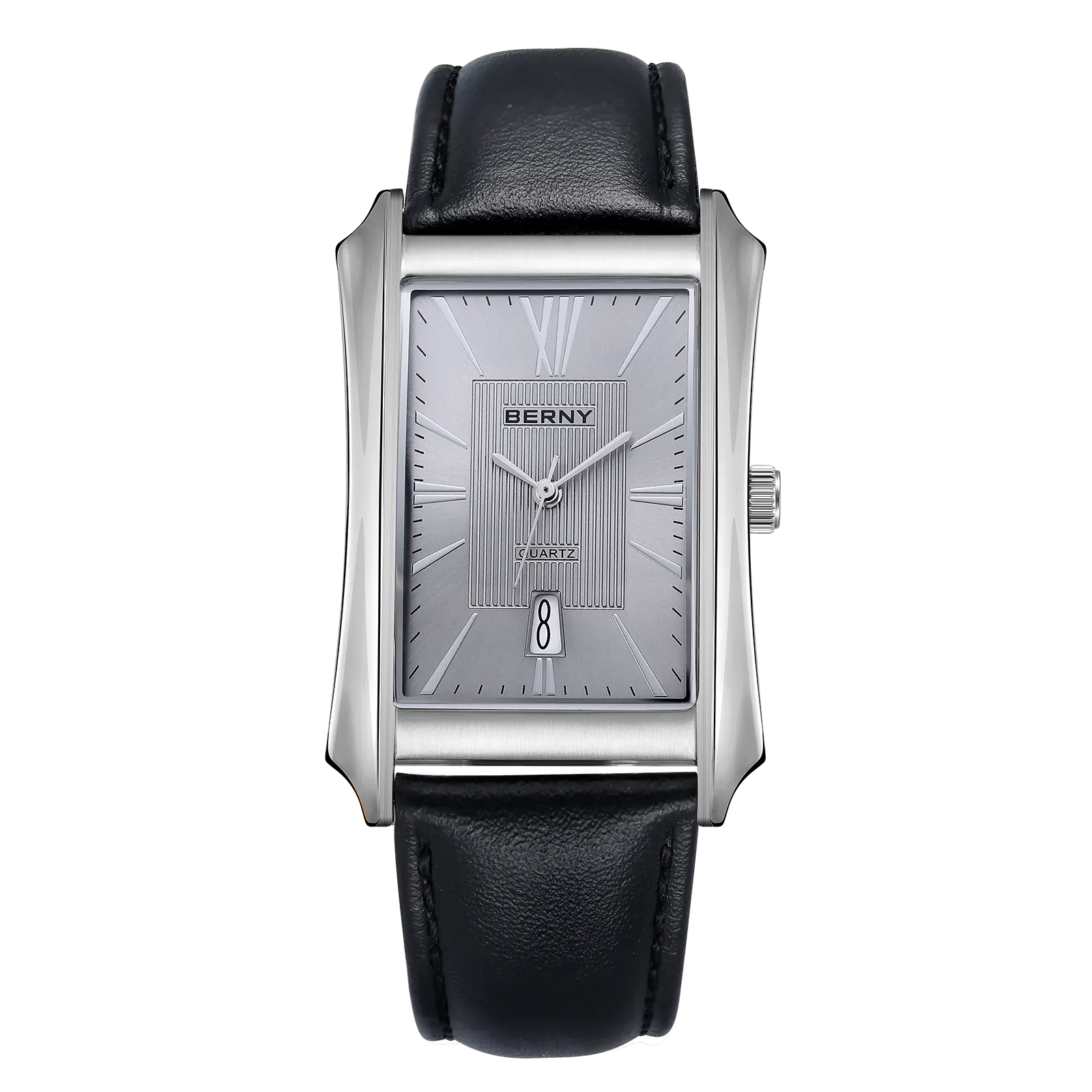 BERNY 2726M-GRY Wristwatch with black leather strap, rectangular grey face and silver stainless steel case