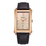 BERNY 2726M-RG Wristwatch with brown leather strap, rectangular luxury golden dial and stainless steel case