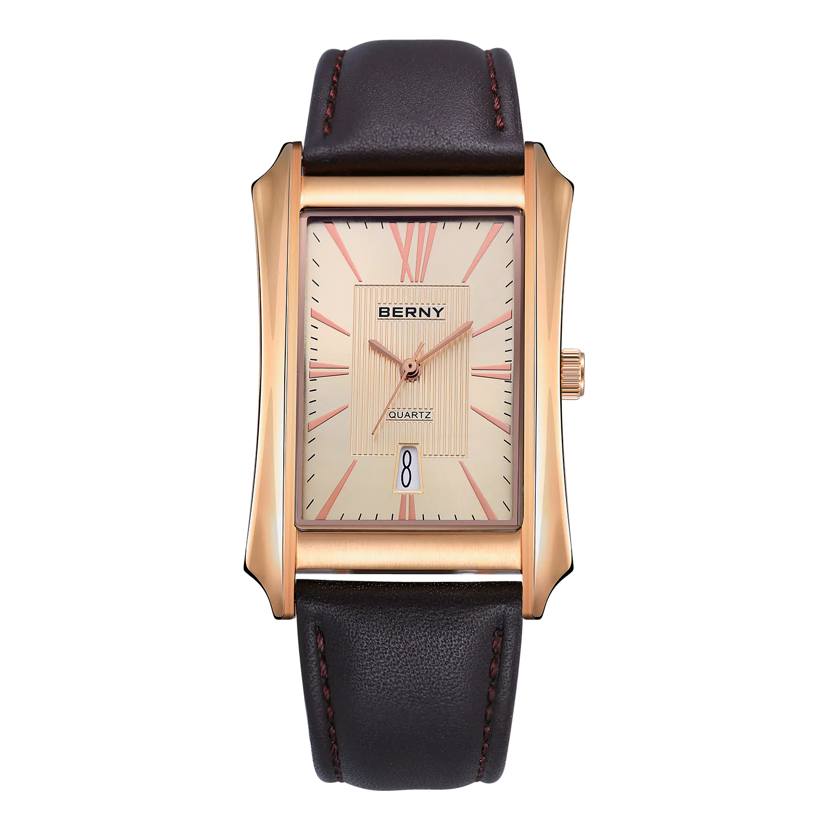 BERNY 2726M-RG Wristwatch with brown leather strap, rectangular luxury golden dial and stainless steel case