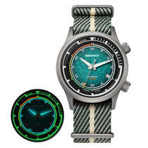 BERNY AMT159Mny Titanium Automatic Watch with teal dial and nylon strap, glow-in-the-dark watch hands and markers