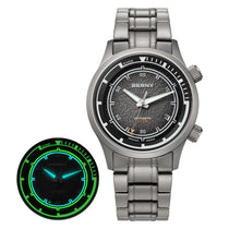 BERNY AMT159MS Titanium Automatic Watch with black face and green glowing watch hands and markers