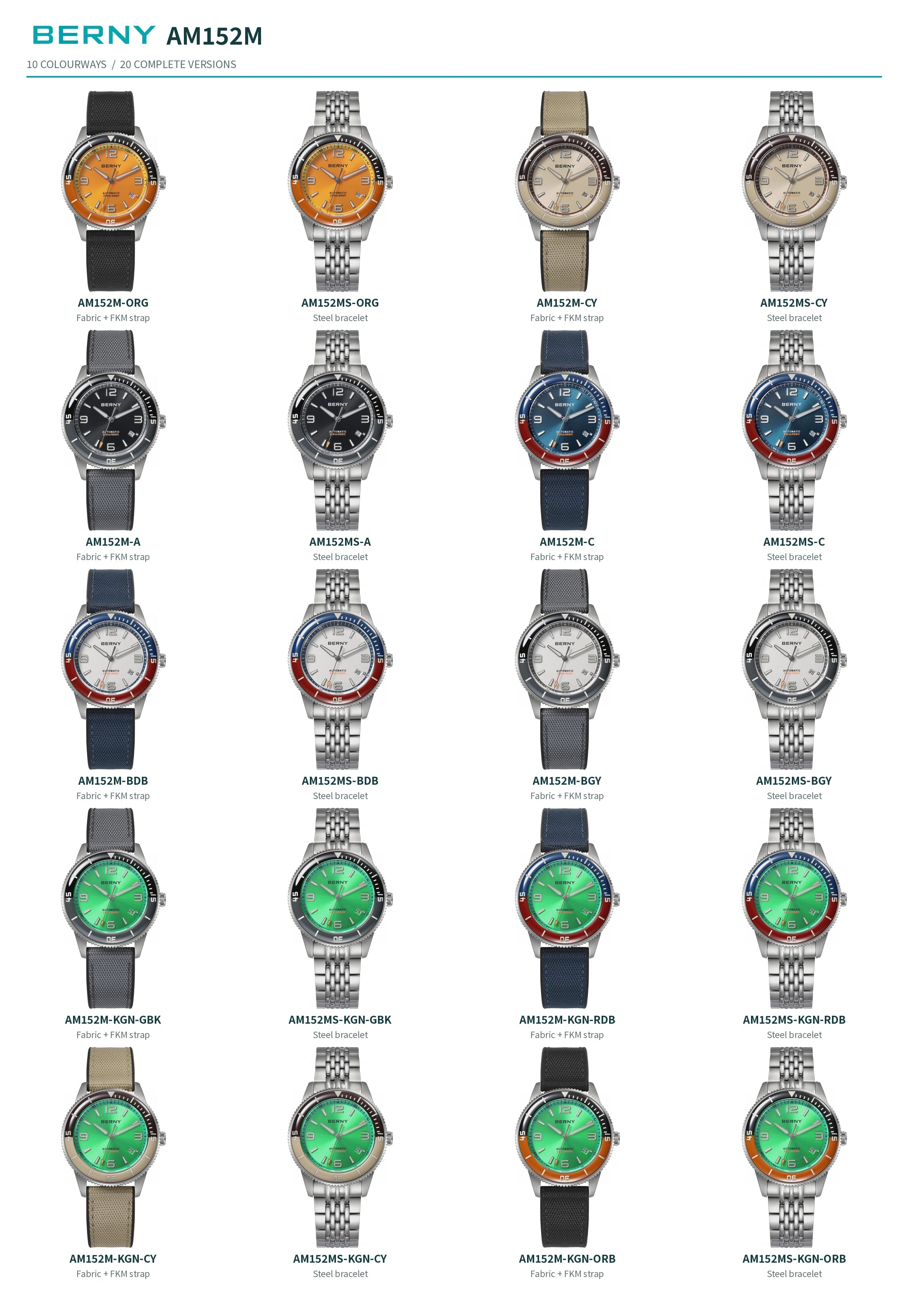 All 20 BERNY AM152M styles with official SKU names, arranged in matching strap and bracelet pairs